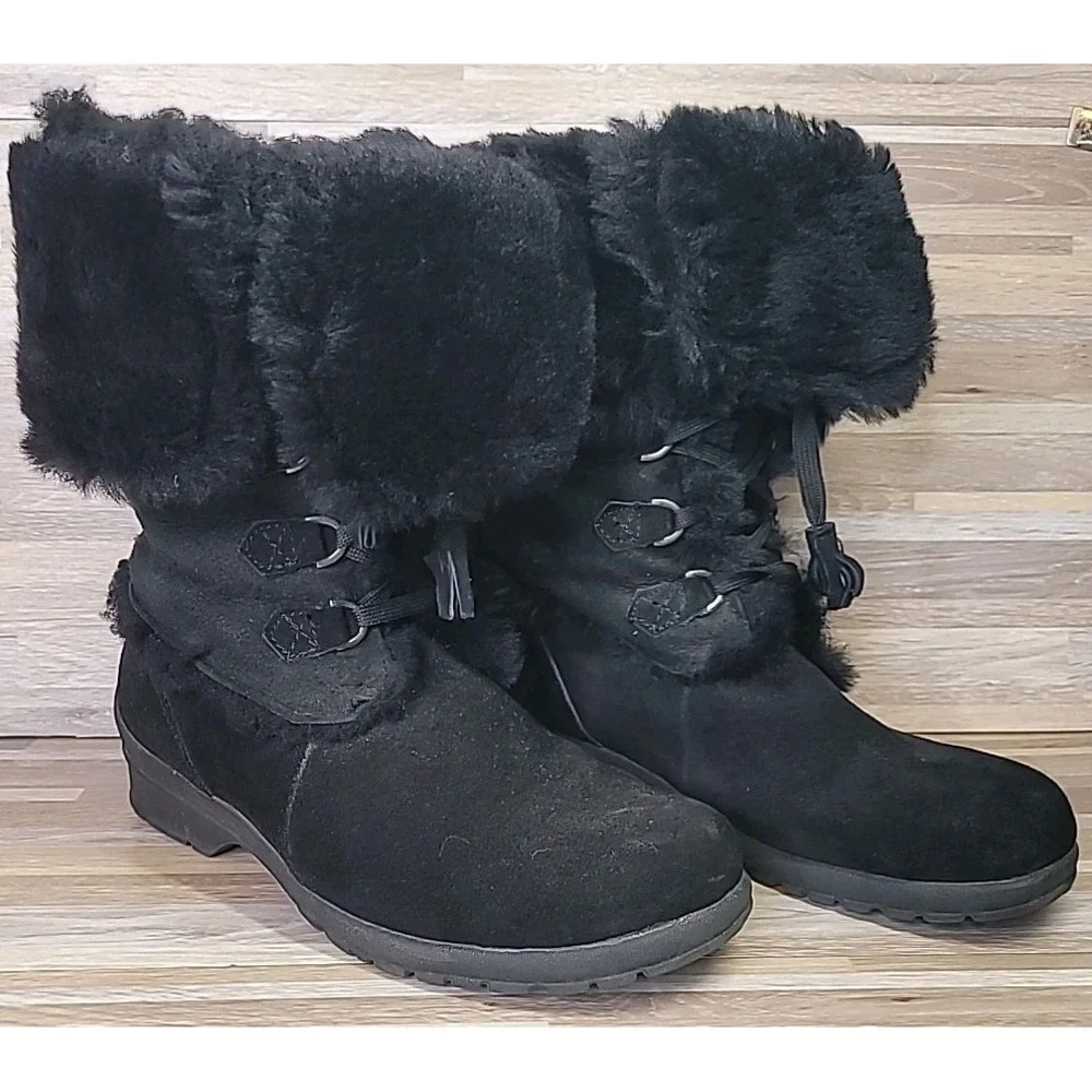 Bass Stephanie 2012 Black Suede & Faux Fur Lined Size 9.5 Snow Winter Boots EUC